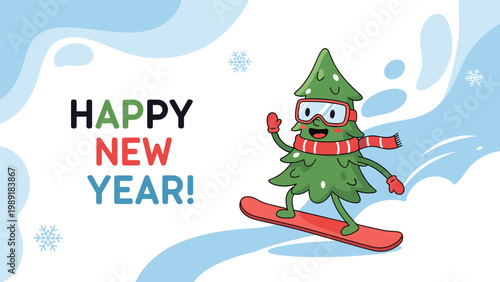 Fun Christmas tree character with goggles and scarf snowboarding down a snowy hill for Happy New Year greetings.