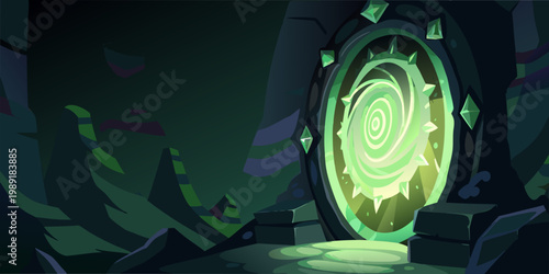 A glowing swirling green portal is framed by ancient stone structures in a dark forest
