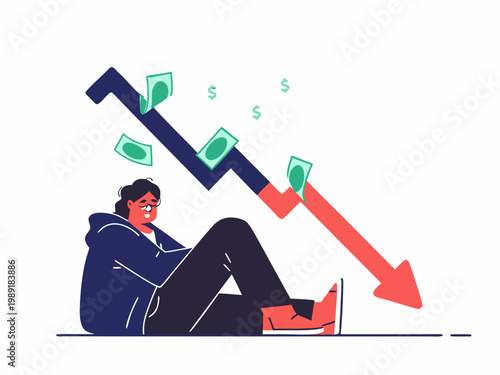 A distressed person sits beneath a plummeting graph representing financial loss and downturn