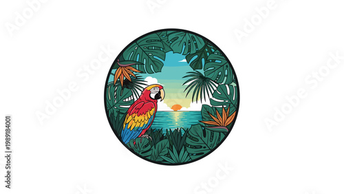 Colorful macaw parrot perched on jungle branches looking out at a tropical sunset over the ocean within a circular frame.