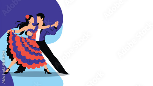 Artistic illustration of a man and woman in traditional costumes performing flamenco dance with vibrant colors and movement.
