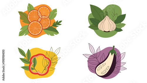 Four individual illustrations of sliced orange garlic red pepper and eggplant on colorful abstract backgrounds for cooking.