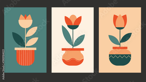 Set of three minimalist plant illustrations depicting different styled flowers in decorative pots with various earth tone color backgrounds.