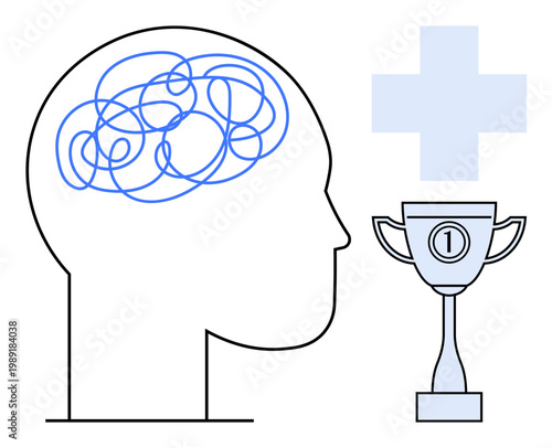 Mental health concept. Mental health with a brain, medical cross, and trophy achievement. Mental health balance in personal success and well-being. For wellness, healthcare, psychology, personal