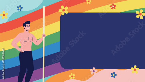 Smiling shirtless man standing next to a vertical pole on a vibrant rainbow background with a large dark blue copy space box.