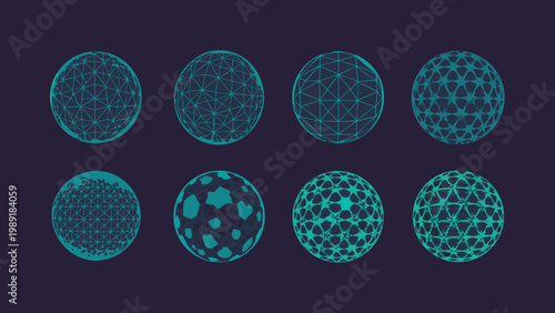 A series of abstract teal colored egg shapes displaying evolving geometric patterns