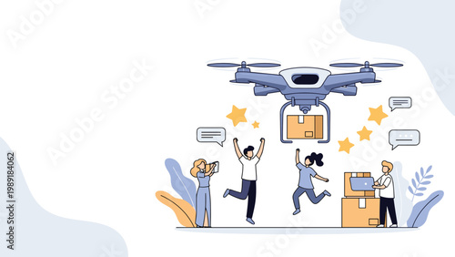 Modern drone delivery service concept showing excited people celebrating as a large drone carries a package through the air for distribution.