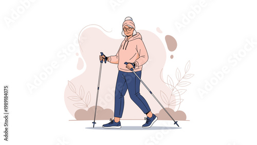 Active senior woman in a tracksuit and beanie hat performing nordic walking with poles outdoors for health and fitness during retirement.