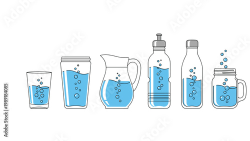 Line of different glass and plastic water containers including a glass, pitcher, and bottles with blue liquid and rising bubbles.