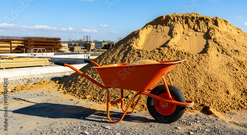 A construction wheelbarrow is parked next to a large pile of sand on a construction site. Industrial photography of construction materials on a sunny day. AI generated.
