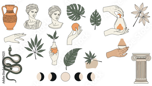 Collection of classical greek sculptures, architectural columns, mystical hands, moon phases, and botanical leaves in earth tones.