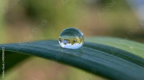 Solar panels reflected in a water droplet on a green leaf, symbolizing clean energy and environmental sustainability