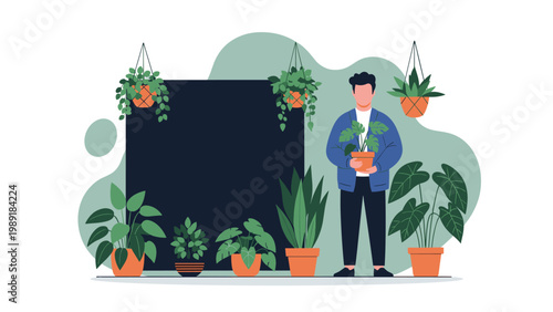 Young man standing in a home garden or plant shop surrounded by various lush green house plants in terracotta pots for a cozy interior.