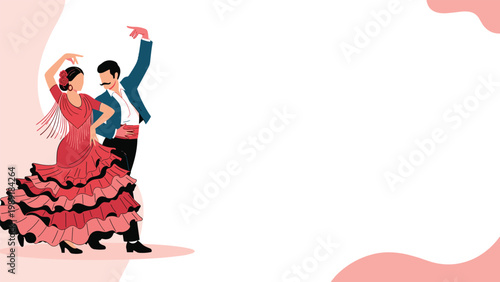 Couple of flamenco dancers in traditional spanish costumes performing a passionate dance with a large white copy space for text.