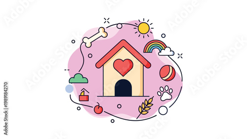 Cute pet care and animal adoption concept showing a dog house with a heart surrounded by toys, food, and happy outdoor symbols on pink.