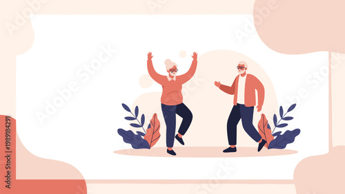 Elderly man and woman in retirement enjoying their golden years by dancing together in a spacious and bright modern room with plants.