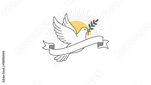 White dove of peace carries an olive branch with a blank banner for text in front of a glowing yellow sun backdrop.