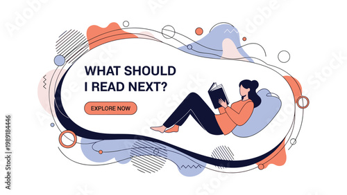 Relaxed woman lying down and reading a book on a stylish abstract background with colorful shapes and what should I read next text.