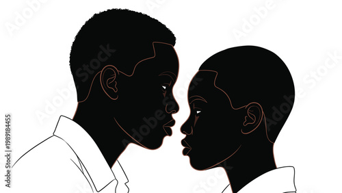 Artistic profile of two Black people with short hair looking closely into each others eyes on a clean white background.