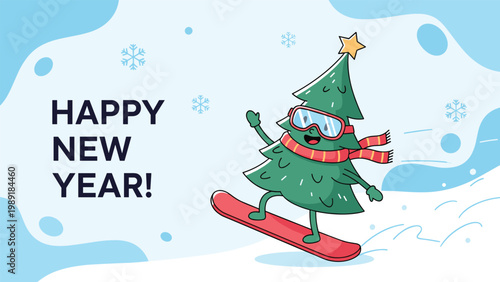 Cute cartoon Christmas tree with a scarf and goggles happily snowboarding on a snowy slope with happy new year text.