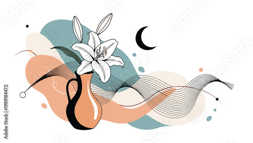 Elegant white lily flower in a brown vase set against a background of soft abstract shapes, a crescent moon, and wavy lines.