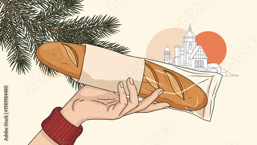 Hand in a red sweater holds a fresh baguette in a paper wrapper with a pine branch and a city skyline in the background.