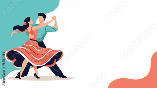 Couple performs a passionate dance move with the woman in a flowing red dress on a white and teal abstract background.