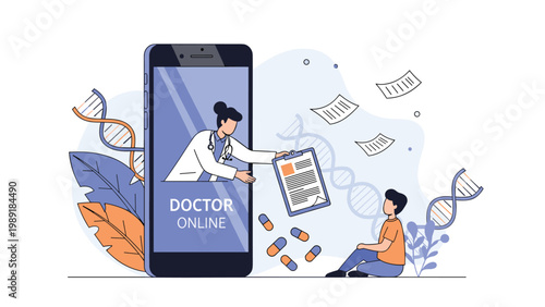 Doctor provides an online consultation via a large smartphone screen to a patient sitting on the floor with medical icons.