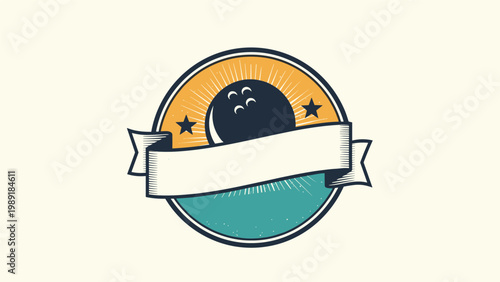 Vintage style bowling emblem featuring a bowling ball against a sunburst background within a circular frame with stars and a banner.