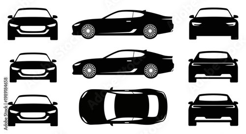 Set of Black Car Silhouettes: Front, Side, and Top Views
