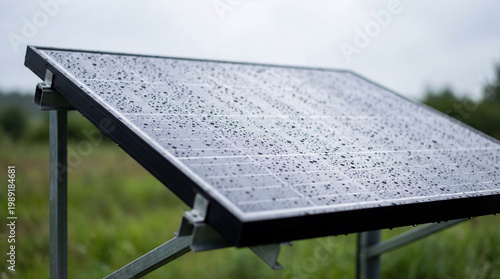 Solar panel covered in raindrops on a cloudy day in a green field, renewable energy concept