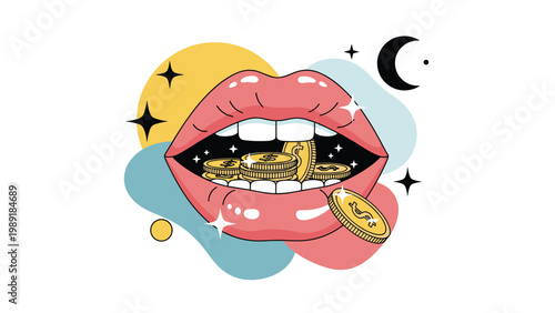 Artistic depiction of open pink lips filled with golden dollar coins against a colorful abstract background with moon and stars.