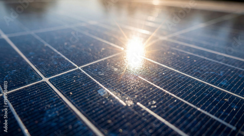 Closeup of a solar panel surface with sun flare reflecting off the glass