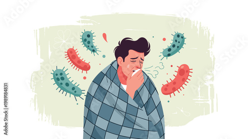 Sick young man wrapped in a plaid blanket coughing and feeling unwell with colorful virus and bacteria particles floating around him.