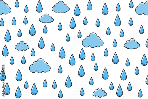 Rain droplets, clouds, blue weather icons, vector raindrops, precipitation symbols