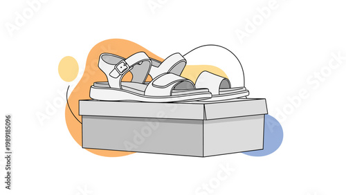 Product illustration featuring a pair of white strappy sandals on a gray shoe box against a background of colorful abstract blobs.