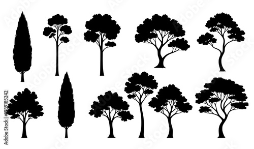 Elegant tree silhouette vector set with refined natural shapes and minimalist botanical design on white background