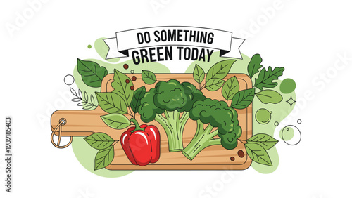 Inspiring healthy living illustration featuring a wooden cutting board with fresh broccoli, red bell pepper, and green leaves.