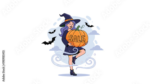 Cheerful young witch with purple hair wearing a black hat and dress dancing while holding a large pumpkin with the word sale.