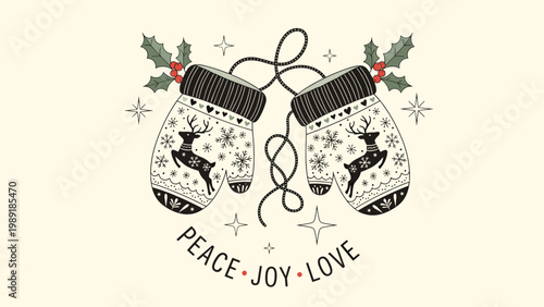 Cozy pair of winter mittens connected by a string featuring a reindeer and snowflake pattern with festive leaves and holiday text.