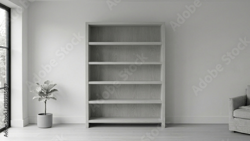 Minimalist bookshelf made of light grey wood in a monochrome interior