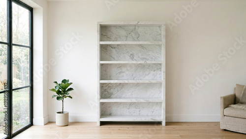 Empty bookshelf with a marble-patterned back in a luxury white room