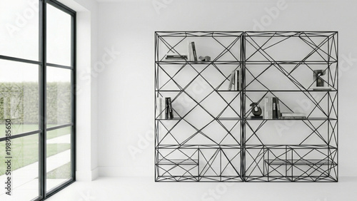 Modern bookshelf with a geometric wireframe design in a white room