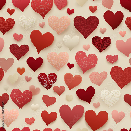 Seamless pattern of various hearts in red and pink shades on a light beige background.