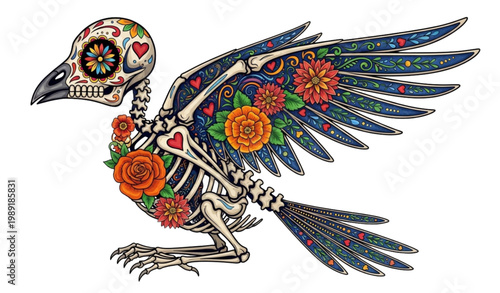 Colorful bird skeleton sugar skull vector floral hearts day of the dead