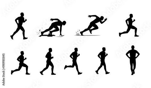 Running icons vector set black silhouettes jogging fitness sport