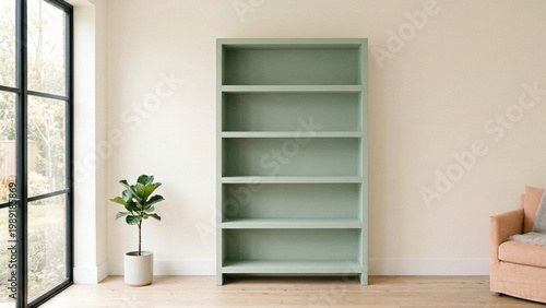 Empty bookshelf with a matte finish in a minimalist pastel room