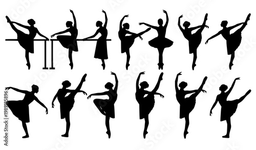 Ballet dancer silhouette vector set barre practice dance poses icons