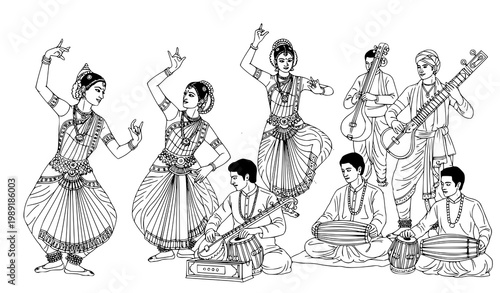Indian dancers musicians vector line art traditional culture illustration