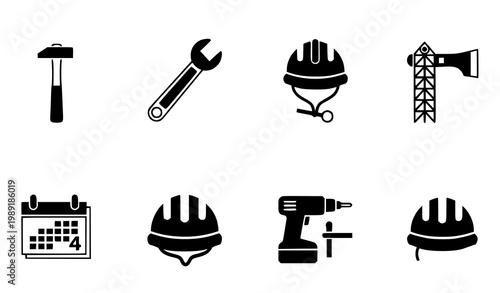 Construction safety icon set vector black white tools hammer drill helmet